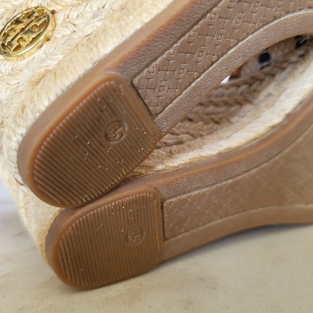 Tory Burch Shaw PomPom Wedge Espadrille Ankle Strap Sandals Size 6.5 Blue Stipe